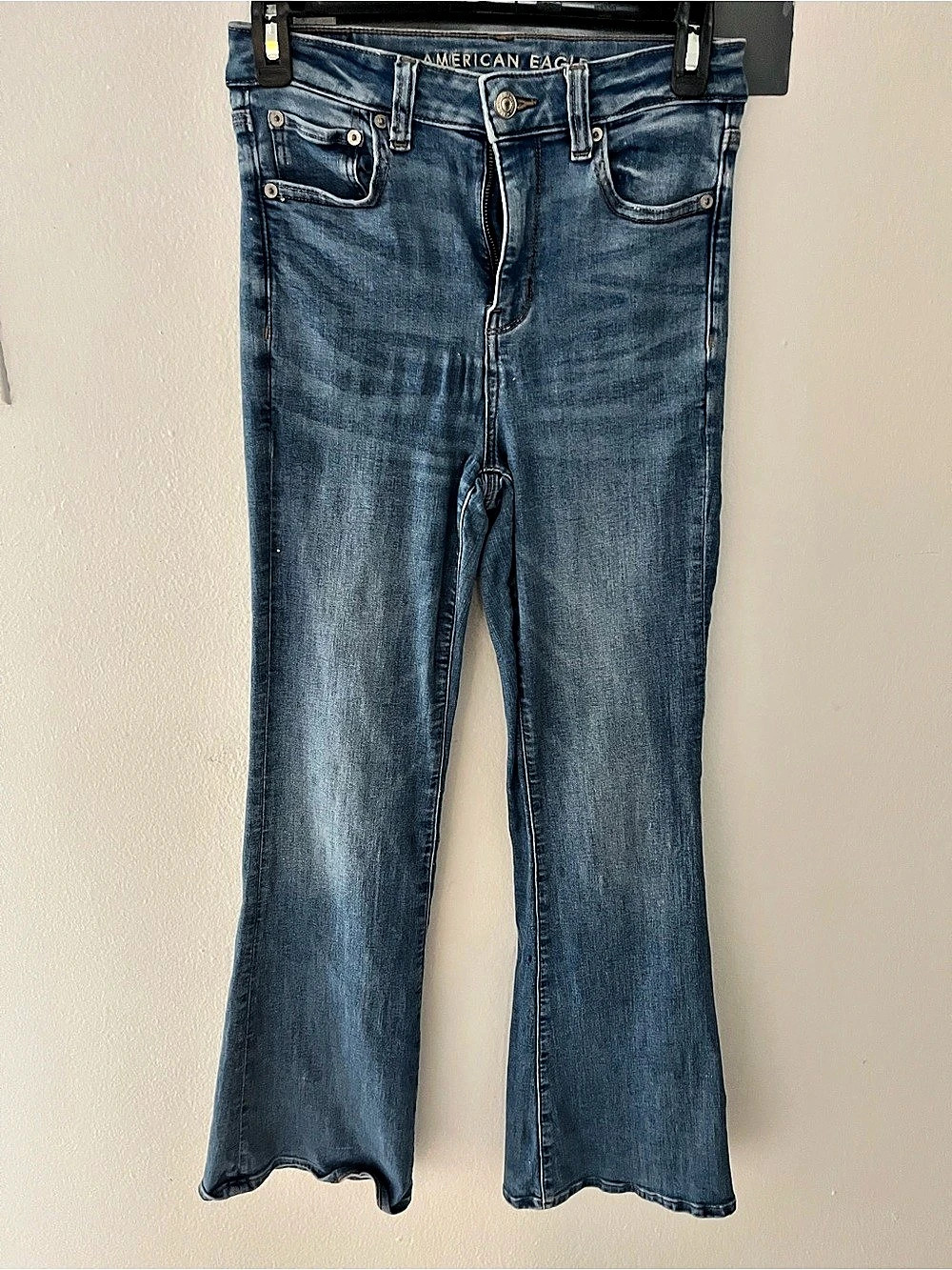American Eagle Super Hi-Rise Flare Jeans in Blue Waist 4